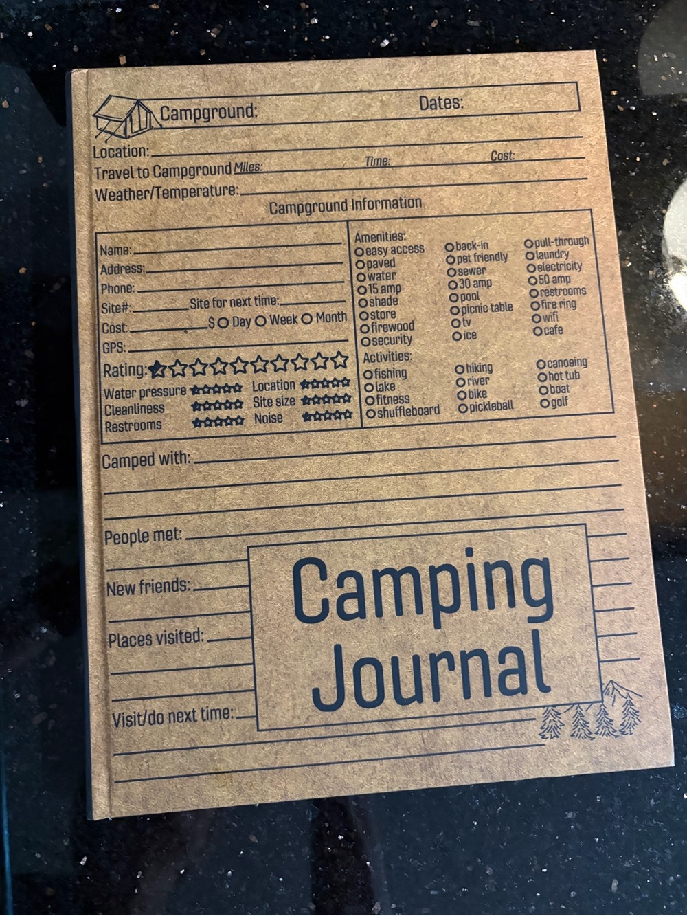 Camping Journal Notebook - Kraft Brown Cover with Navy Print